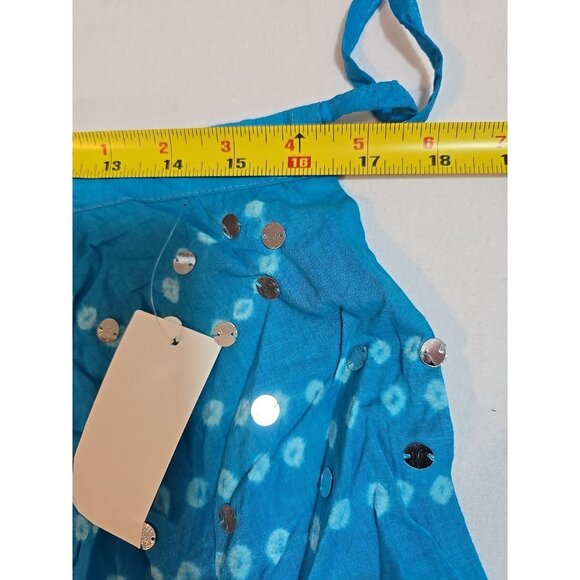 Handmade Blue boho midi skirt adjustable tie waist mirror sequins One Size New - Picture 7 of 16